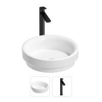 Раковина для ванной Wellsee Doux 201000652 в наборе 2 в 1: круглая раковина белого глянцевого цвета, высокий смеситель в цвете матовый черный