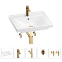 Раковина для ванной Wellsee FreeDom 201004893 в наборе 5 в 1: раковина белого глянцевого цвета, смеситель, сифон, донный клапан, угловые вентили (цвет набора золото)