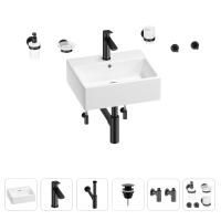 Раковина для ванной Wellsee Graceful Pro 201006682 в наборе 9 в 1: раковина белого глянцевого цвета, смеситель, сифон, донный клапан, угловые вентили, аксессуары (цвет набора матовый черный)