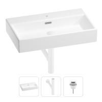 Раковина для ванной Wellsee Graceful Pro 201001365 в наборе 3 в 1: прямоугольная раковина белого глянцевого цвета, сифон, донный клапан в цвете матовый белый