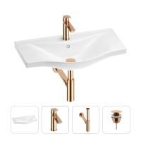 Раковина для ванной Wellsee Bisou 201003684 в наборе 4 в 1: раковина белого глянцевого цвета, смеситель, сифон, донный клапан (цвет набора розовое золото)