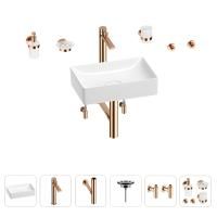 Раковина для ванной Wellsee Pure BY Wellsee 201006309 в наборе 9 в 1: раковина белого глянцевого цвета, высокий смеситель, сифон, выпуск, угловые вентили, аксессуары (цвет розовое золото)