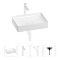 Раковина для ванной Wellsee Pure BY Wellsee 201002605 в наборе 4 в 1: раковина белого глянцевого цвета, высокий смеситель, сифон, выпуск (цвет набора матовый белый)