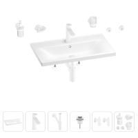 Раковина для ванной Wellsee FreeDom 201007055 в наборе 9 в 1: раковина белого глянцевого цвета, смеситель, сифон, донный клапан, угловые вентили, аксессуары (цвет набора матовый белый)