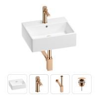 Раковина для ванной Wellsee Graceful Pro 201002919 в наборе 4 в 1: раковина белого глянцевого цвета, смеситель, сифон, донный клапан (цвет набора розовое золото)