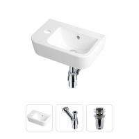 Комплект 3 в 1 Lavinia Boho One 21520704: подвесная фарфоровая раковина для туалета 37 см (отверстие под смеситель слева), металлический сифон, донный клапан