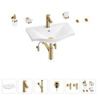 Раковина для ванной Wellsee Bisou 201007233 в наборе 9 в 1: раковина белого глянцевого цвета, смеситель, сифон, донный клапан, угловые вентили, аксессуары (цвет набора золото)