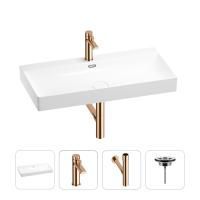 Раковина для ванной Wellsee Bromance 201003879 в наборе 4 в 1: раковина белого глянцевого цвета, смеситель, сифон, выпуск (цвет набора розовое золото)