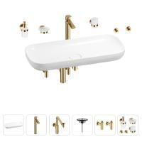 Раковина для ванной Wellsee Croquis 201005808 в наборе 9 в 1: раковина белого глянцевого цвета, высокий смеситель, сифон, выпуск, угловые вентили, аксессуары (цвет золото)