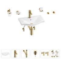 Раковина для ванной Wellsee Bisou 201007108 в наборе 9 в 1: раковина белого глянцевого цвета, смеситель, сифон, донный клапан, угловые вентили, аксессуары (цвет набора золото)
