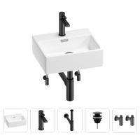 Раковина для ванной Wellsee Graceful Pro 201004562 в наборе 5 в 1: раковина белого глянцевого цвета, смеситель, сифон, донный клапан, угловые вентили (цвет набора матовый черный)