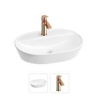 Раковина для ванной Wellsee Calin 201000564 в наборе 2 в 1: овальная раковина белого глянцевого цвета, смеситель в цвете розовое золото