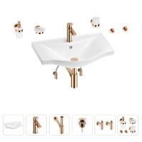 Раковина для ванной Wellsee Bisou 201007304 в наборе 9 в 1: раковина белого глянцевого цвета, смеситель, сифон, донный клапан, угловые вентили, аксессуары (цвет набора розовое золото)