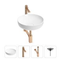 Раковина для ванной Wellsee Chalice Perfection 201002404 в наборе 4 в 1: раковина белого глянцевого цвета, высокий смеситель, сифон, выпуск (цвет набора розовое золото)