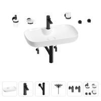 Раковина для ванной Wellsee Croquis 2.0 201005852 в наборе 9 в 1: раковина белого глянцевого цвета, смеситель, сифон, выпуск, угловые вентили, аксессуары (цвет набора матовый черный)