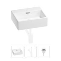 Раковина для ванной Wellsee Graceful Pro 201001310 в наборе 3 в 1: прямоугольная раковина белого глянцевого цвета, сифон, донный клапан в цвете матовый белый