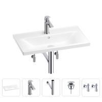Раковина для ванной Wellsee FreeDom 201004946 в наборе 5 в 1: раковина белого глянцевого цвета, смеситель, сифон, донный клапан, угловые вентили (цвет набора хром)