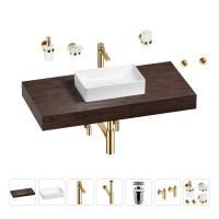 Раковина 42 см со столешницей 100 см Wellsee Pure BY Wellsee 201010848 в наборе 10 в 1: столешница, раковина, высокий смеситель, сифон, выпуск, кран-вентили, аксессуары (цвет золото)