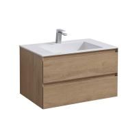 Тумба Vincea Luka 800 подвесная, 2 выкатных ящика soft-close, N.Oak с умывальником VCB-13800W из искусственного камня, цвет белый