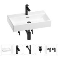 Раковина для ванной Wellsee Graceful Pro 201004627 в наборе 5 в 1: раковина белого глянцевого цвета, смеситель, сифон, донный клапан, угловые вентили (цвет набора матовый черный)