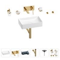 Раковина для ванной Wellsee Pure BY Wellsee 201006318 в наборе 8 в 1: раковина белого глянцевого цвета, встраиваемый смеситель, сифон, выпуск, аксессуары (цвет набора золото)
