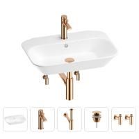 Раковина для ванной Wellsee Eclatant 201005414 в наборе 5 в 1: раковина белого глянцевого цвета, смеситель, сифон, донный клапан, угловые вентили (цвет набора розовое золото)
