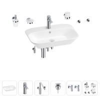 Раковина для ванной Wellsee Eclatant 201007496 в наборе 9 в 1: раковина белого глянцевого цвета, смеситель, сифон, донный клапан, угловые вентили, аксессуары (цвет набора хром)