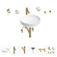 Раковина для ванной Wellsee Chalice Perfection 201006173 в наборе 9 в 1: раковина белого глянцевого цвета, высокий смеситель, сифон, выпуск, угловые вентили, аксессуары (цвет золото)