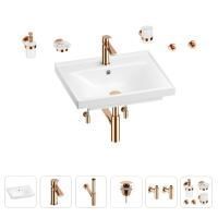 Раковина для ванной Wellsee FreeDom 201006984 в наборе 9 в 1: раковина белого глянцевого цвета, смеситель, сифон, донный клапан, угловые вентили, аксессуары (цвет набора розовое золото)