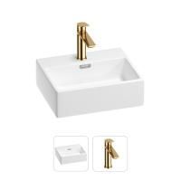Раковина для ванной Wellsee Graceful Pro 201000768 в наборе 2 в 1: прямоугольная раковина белого глянцевого цвета, смеситель в цвете золото