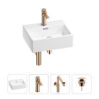 Раковина для ванной Wellsee Graceful Pro 201002899 в наборе 4 в 1: раковина белого глянцевого цвета, смеситель, сифон, донный клапан (цвет набора розовое золото)