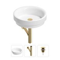 Раковина для ванной Wellsee Doux 201001138 в наборе 3 в 1: круглая раковина белого глянцевого цвета, сифон, донный клапан в цвете золото
