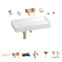 Раковина для ванной Wellsee Pure BY Wellsee 201006549 в наборе 8 в 1: раковина белого глянцевого цвета, встраиваемый смеситель, сифон, выпуск, аксессуары (цвет набора розовое золото)