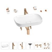 Раковина для ванной Wellsee Croquis 201005654 в наборе 9 в 1: раковина белого глянцевого цвета, высокий смеситель, сифон, выпуск, угловые вентили, аксессуары (цвет розовое золото)