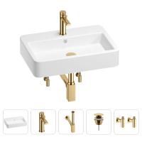 Раковина для ванной Wellsee Halcyon 201004493 в наборе 5 в 1: раковина белого глянцевого цвета, смеситель, сифон, донный клапан, угловые вентили (цвет набора золото)