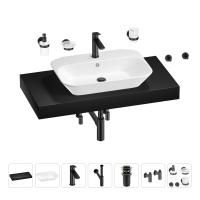 Раковина 65 см со столешницей 100 см Wellsee Eclatant 201013102 в наборе 10 в 1: столешница, раковина, смеситель, сифон, донный клапан, угловые вентили, аксессуары (цвет матовый черный)