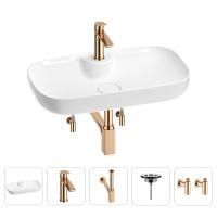 Раковина для ванной Wellsee Croquis 2.0 201004114 в наборе 5 в 1: раковина белого глянцевого цвета, смеситель, сифон, выпуск, угловые вентили (цвет набора розовое золото)