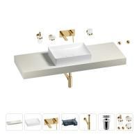 Раковина 50 см со столешницей 140 см Wellsee Pure BY Wellsee 201011448 в наборе 9 в 1: столешница, раковина, встраиваемый смеситель, сифон, выпуск, аксессуары (цвет набора золото)