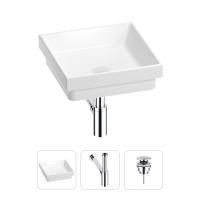 Раковина для ванной Wellsee Doux 201001101 в наборе 3 в 1: квадратная раковина белого глянцевого цвета, сифон, донный клапан в цвете хром