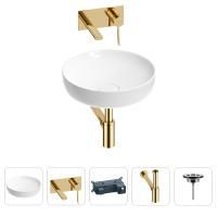 Раковина для ванной Wellsee Chalice Perfection 201002393 в наборе 4 в 1: раковина белого глянцевого цвета, встраиваемый смеситель, сифон, выпуск (цвет набора золото)