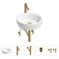 Раковина для ванной Wellsee Doux 201004228 в наборе 5 в 1: раковина белого глянцевого цвета, высокий смеситель, сифон, донный клапан, угловые вентили (цвет набора золото)