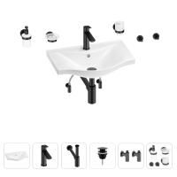 Раковина для ванной Wellsee Bisou 201007202 в наборе 9 в 1: раковина белого глянцевого цвета, смеситель, сифон, донный клапан, угловые вентили, аксессуары (цвет набора матовый черный)