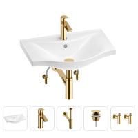 Раковина для ванной Wellsee Bisou 201005208 в наборе 5 в 1: раковина белого глянцевого цвета, смеситель, сифон, донный клапан, угловые вентили (цвет набора золото)