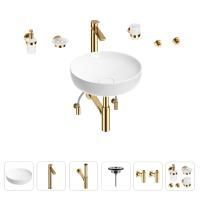 Раковина для ванной Wellsee Chalice Perfection 201006188 в наборе 9 в 1: раковина белого глянцевого цвета, высокий смеситель, сифон, выпуск, угловые вентили, аксессуары (цвет золото)