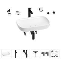 Раковина для ванной Wellsee Croquis 201005627 в наборе 9 в 1: раковина белого глянцевого цвета, высокий смеситель, сифон, выпуск, угловые вентили, аксессуары (цвет матовый черный)