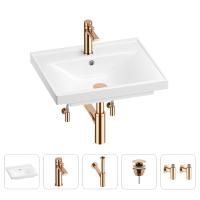 Раковина для ванной Wellsee FreeDom 201004864 в наборе 5 в 1: раковина белого глянцевого цвета, смеситель, сифон, донный клапан, угловые вентили (цвет набора розовое золото)