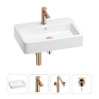 Раковина для ванной Wellsee Halcyon 201002844 в наборе 4 в 1: раковина белого глянцевого цвета, смеситель, сифон, донный клапан (цвет набора розовое золото)