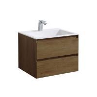 Тумба Vincea Luka 600 подвесная, 2 выкатных ящика soft-close, T.Oak с умывальником VCB-13600W из искусственного камня, цвет белый