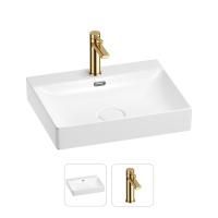 Раковина для ванной Wellsee DeSire 201000963 в наборе 2 в 1: прямоугольная раковина белого глянцевого цвета, смеситель в цвете золото