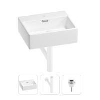 Раковина для ванной Wellsee Graceful Pro 201001315 в наборе 3 в 1: прямоугольная раковина белого глянцевого цвета, сифон, донный клапан в цвете матовый белый
